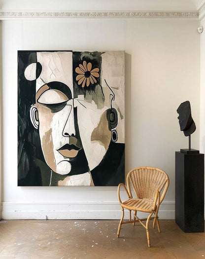 Abstract Faces Oil Painting with Flower Accent for Modern Home Decor