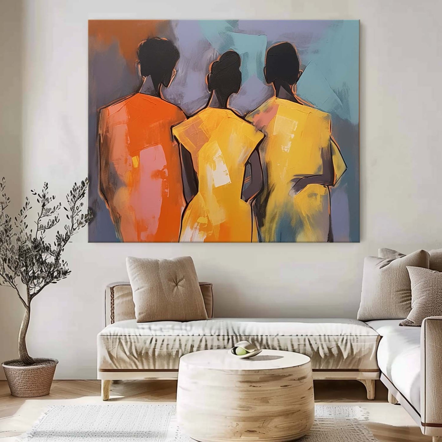 Abstract Oil Painting of Three Figures with Vibrant Colors