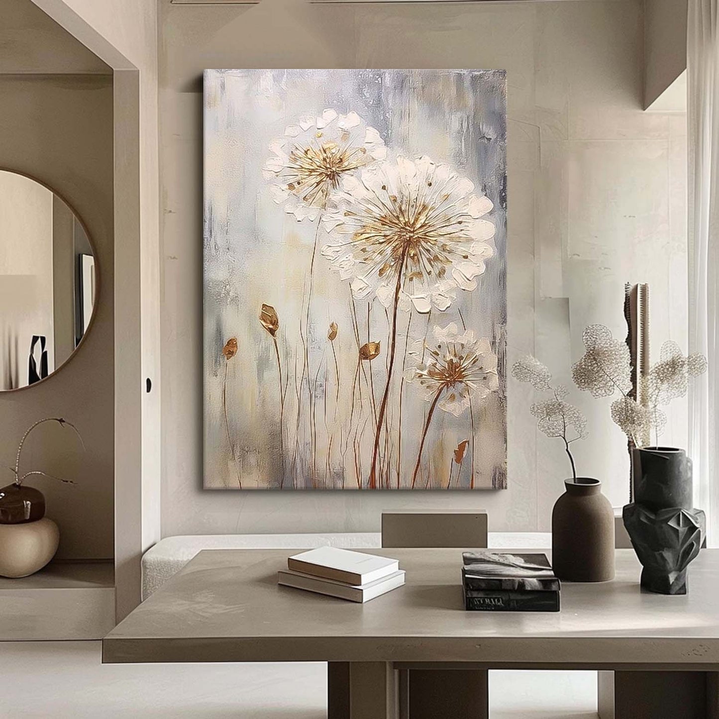 Elegant Floral Oil Painting - White Flowers Against Soft Gray Background for Modern Decor