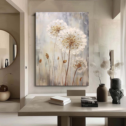 Elegant Floral Oil Painting - White Flowers Against Soft Gray Background for Modern Decor