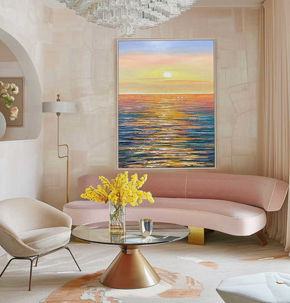 Serene Sunset Ocean View Oil Painting for Coastal Home D√©cor