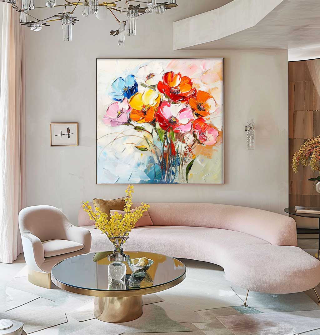 Vibrant Colorful Flower Bouquet Oil Painting for Home Decor and Art Lovers