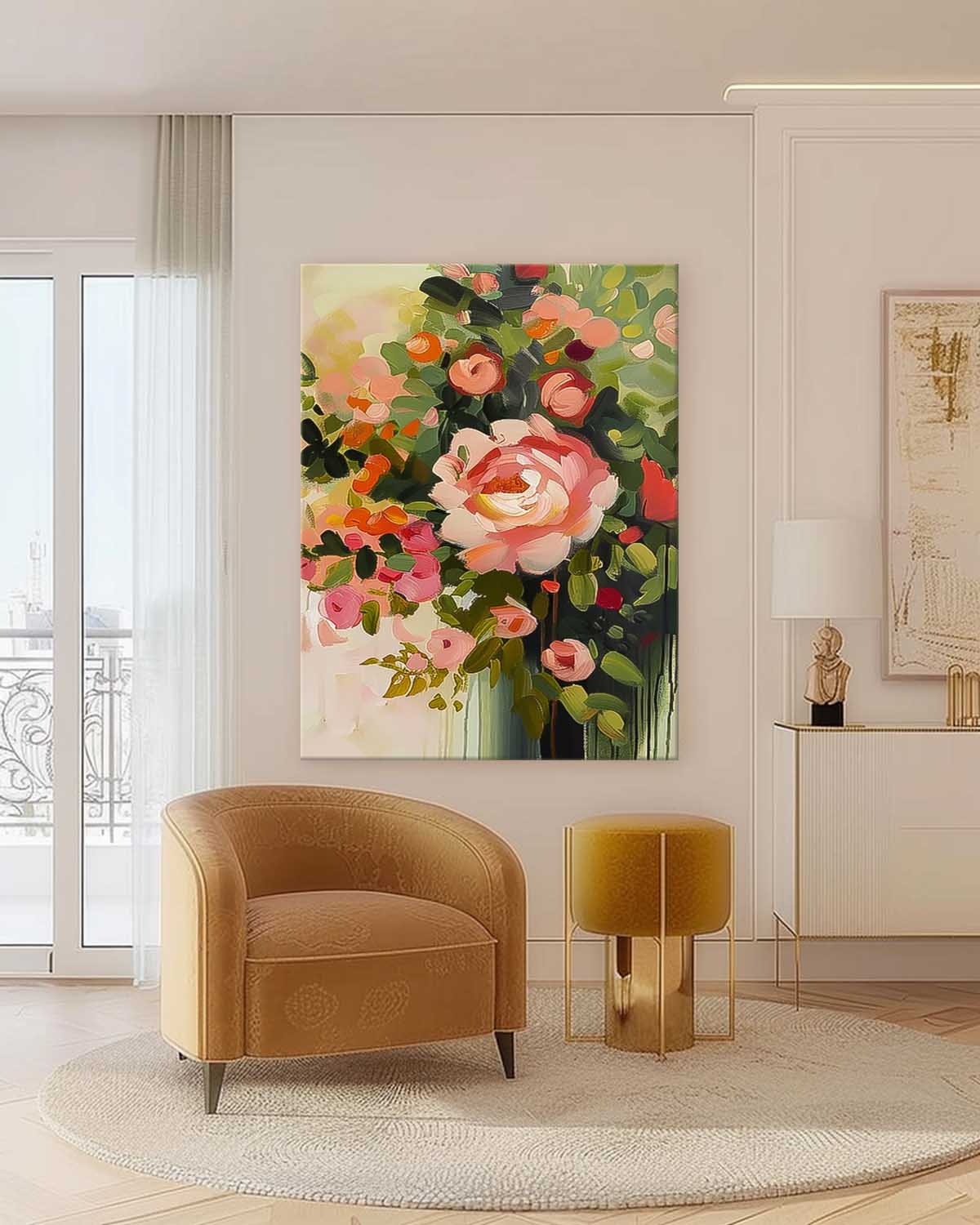 Vibrant Floral Oil Painting with Pink Roses and Lush Greenery for Home Decor