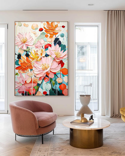 Vibrant Floral Oil Painting - Colorful Canvas Art for Home Decor and Wall Gallery