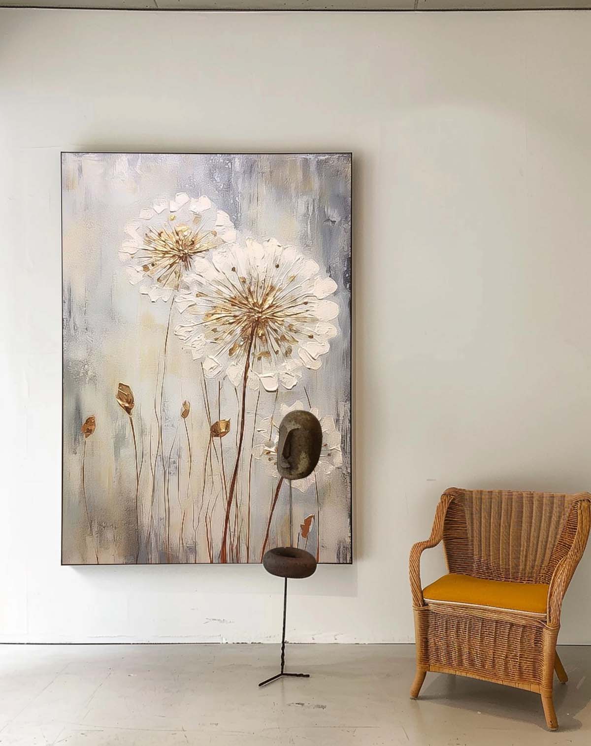 Elegant Floral Oil Painting - White Flowers Against Soft Gray Background for Modern Decor