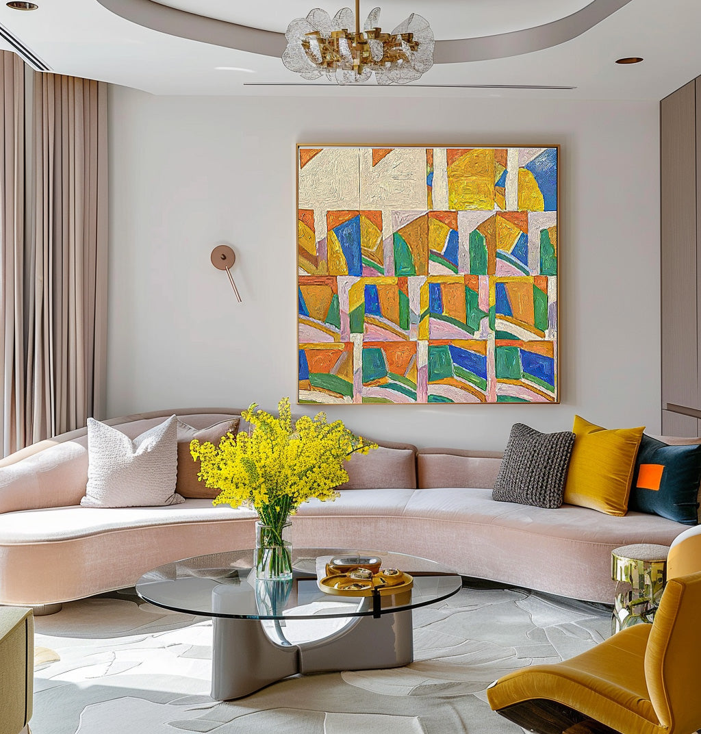 Vibrant Geometric Abstract Oil Painting for Modern Home Decor