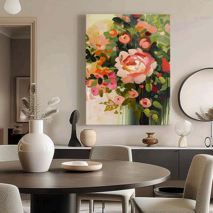 Vibrant Floral Oil Painting with Pink Roses and Lush Greenery for Home Decor