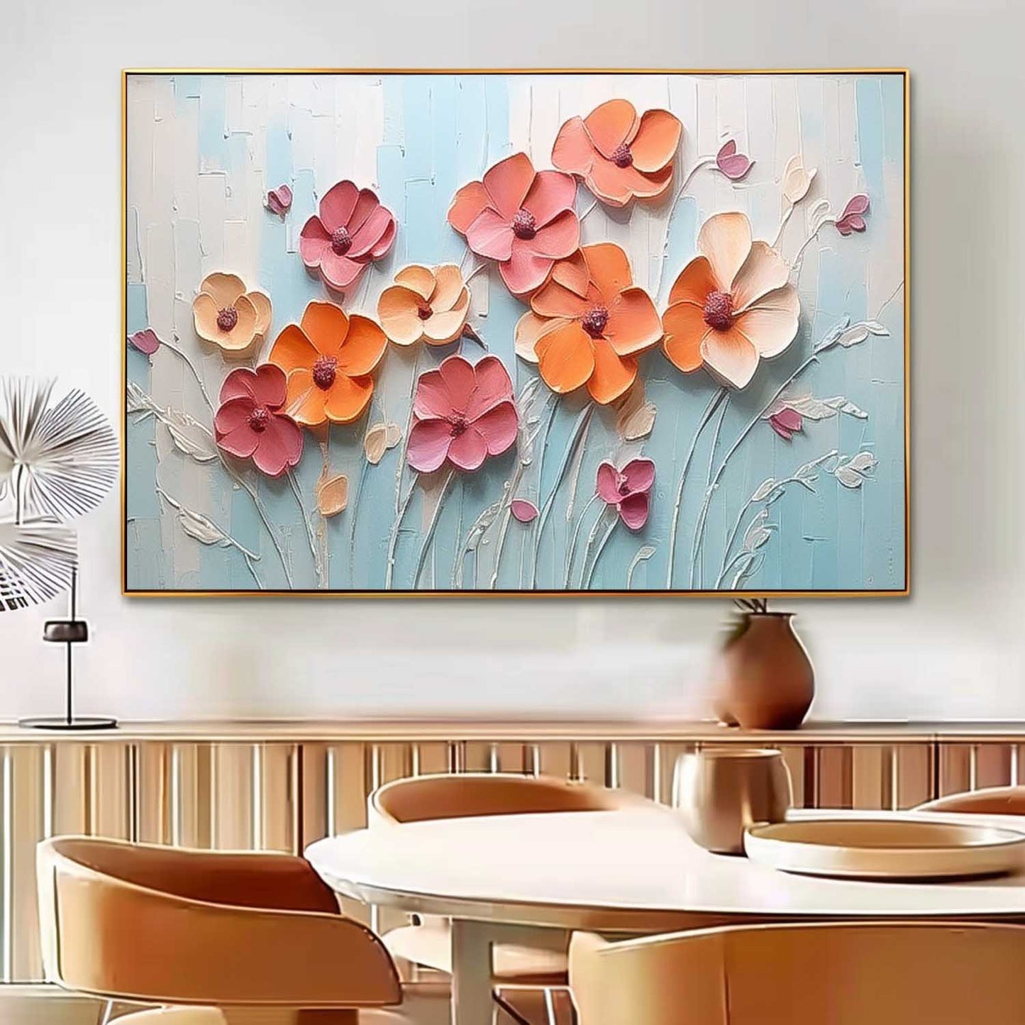 Vibrant Floral Oil Painting with Textured Blossoms on Light Blue Background