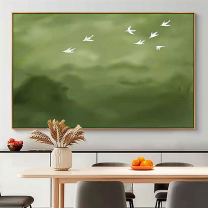 Serene Birds in Flight: Elegant Minimalist Oil Painting for Tranquil Home Decor