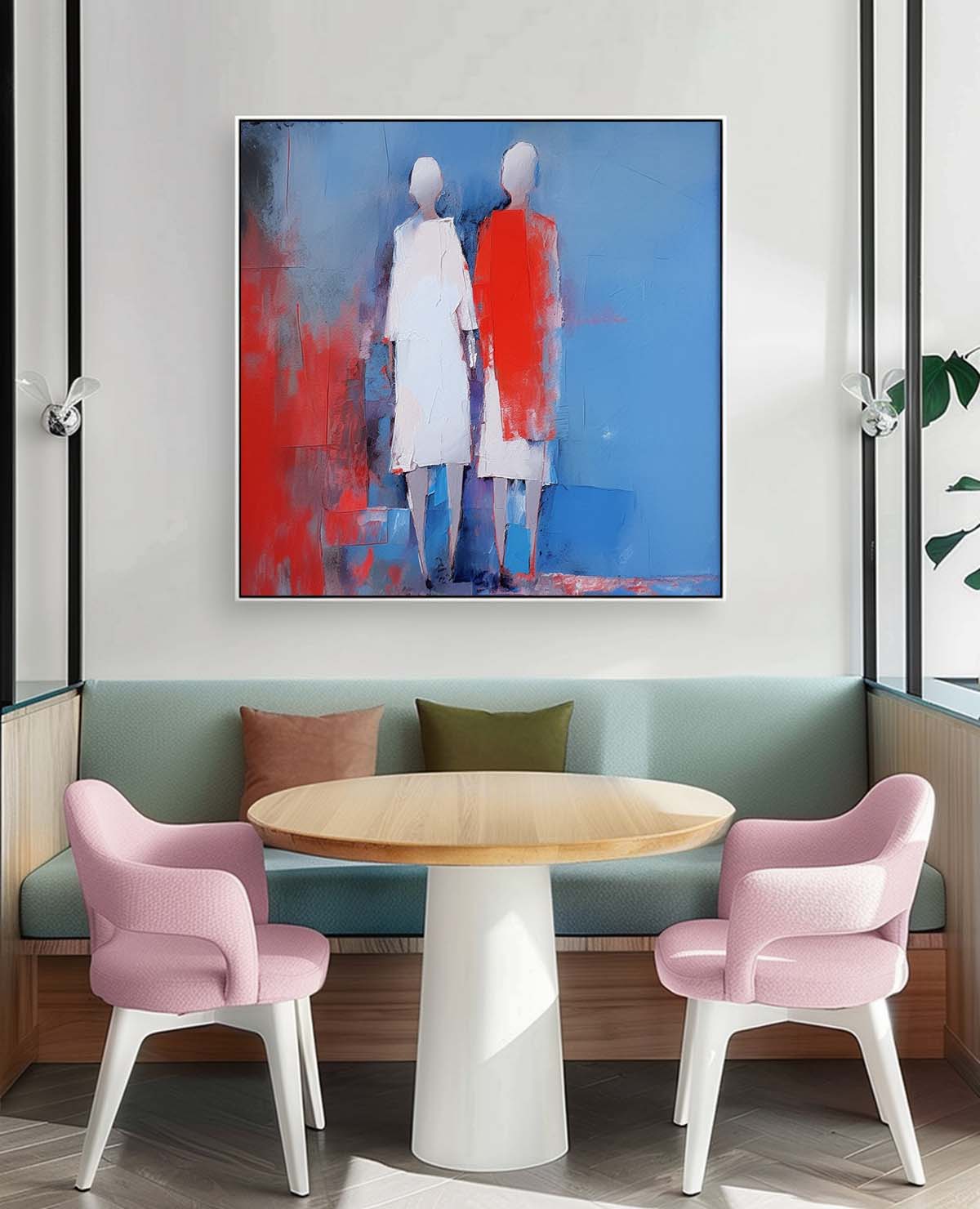 Abstract Oil Painting of Figures in Blue and Red - Modern Canvas Art for Home Decor