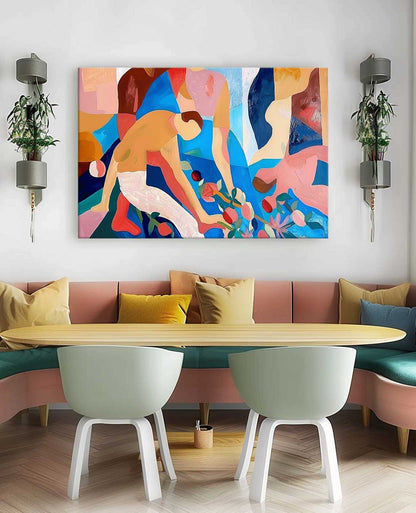 Vibrant Abstract Oil Painting with Colorful Figures and Floral Elements