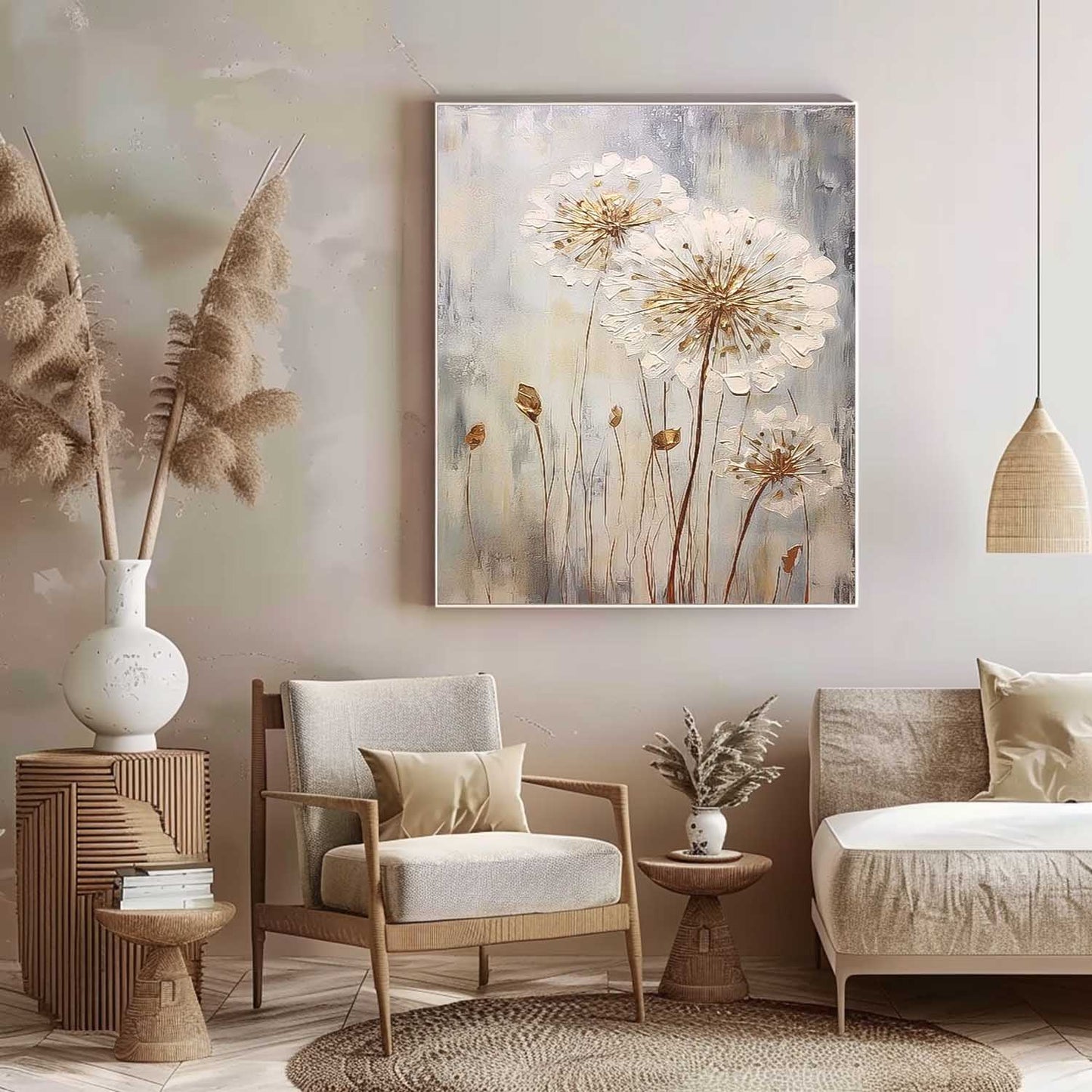 Elegant Floral Oil Painting - White Flowers Against Soft Gray Background for Modern Decor