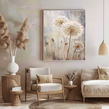 Elegant Floral Oil Painting - White Flowers Against Soft Gray Background for Modern Decor