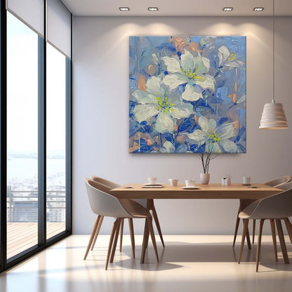 Elegant White Flower Oil Painting with Blue Background for Home Décor