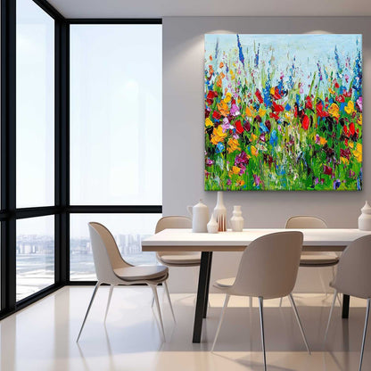 Vibrant Floral Oil Painting - Colorful Flower Garden Canvas Art for Home Decor
