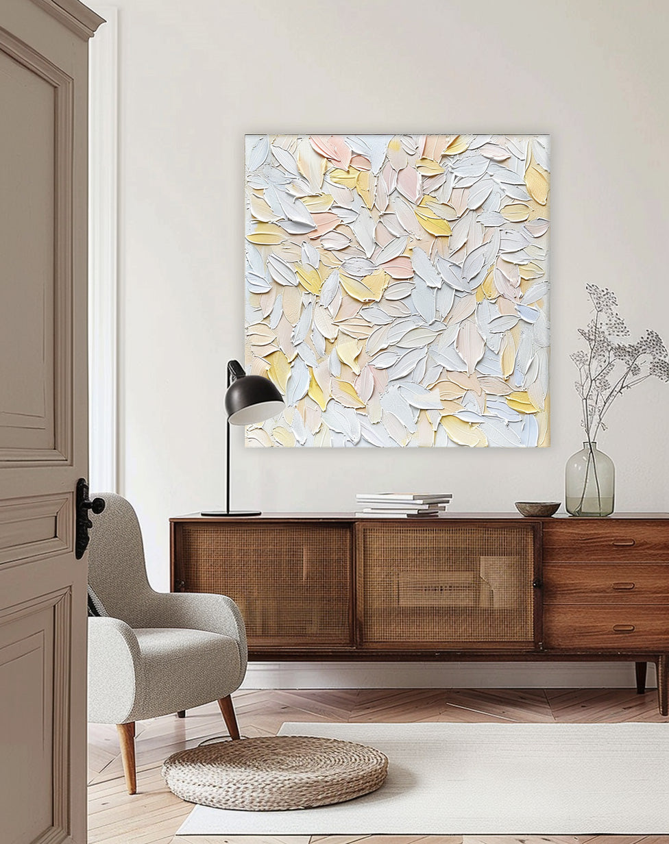 Soft Pastel Floral Oil Painting | Elegant Leafy Abstract Canvas Art Decor