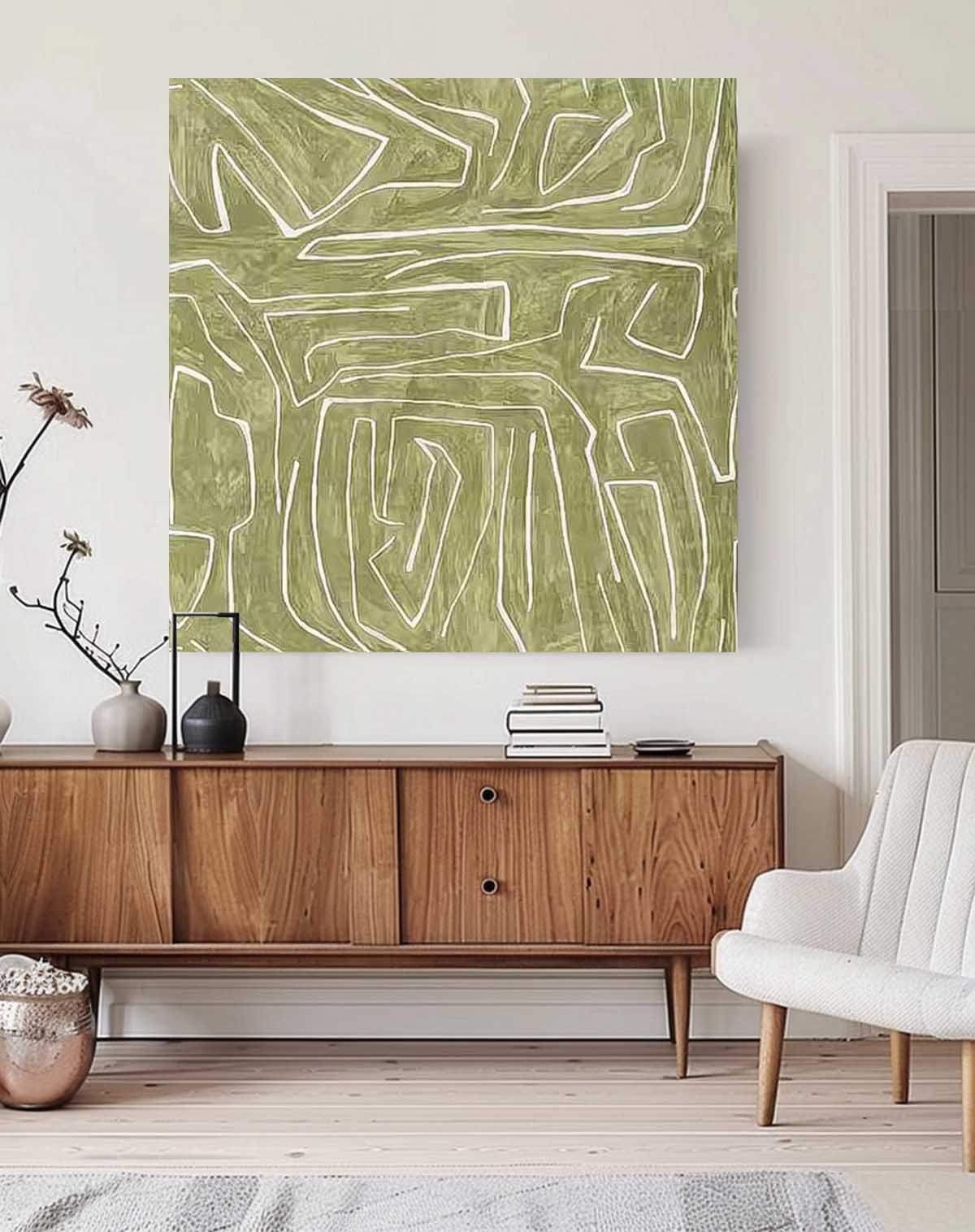 Abstract Green Lines Minimalist Oil Painting for Modern Home Decor