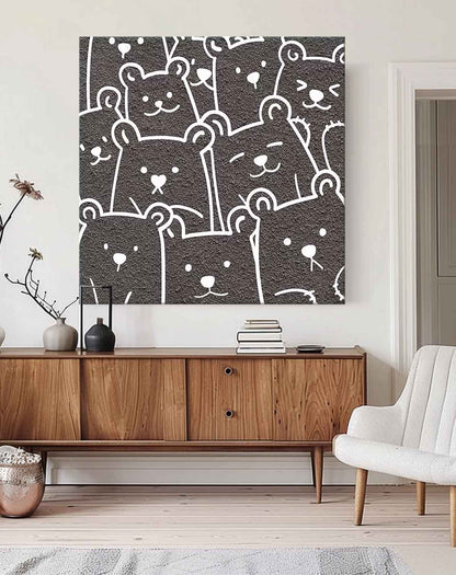 Charming Bear Faces Minimalist Oil Painting for Playful Home Decor