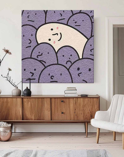 Charming Minimalist Oil Painting of Smiling Character Among Purple Faces