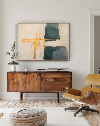 Abstract Minimalist Oil Painting with Gold Accents for Modern Home Decor