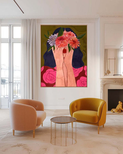 Vibrant Floral Embrace: Expressive Oil Painting of Hands and Blooms