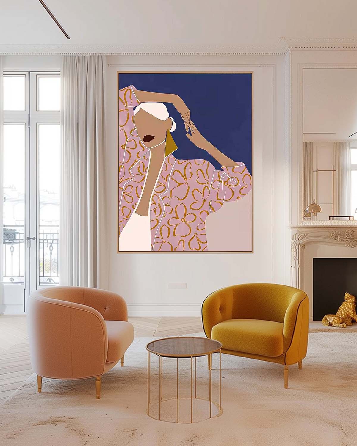 Stylish Woman in Floral Blouse - Contemporary Oil Painting for Elegant Decor
