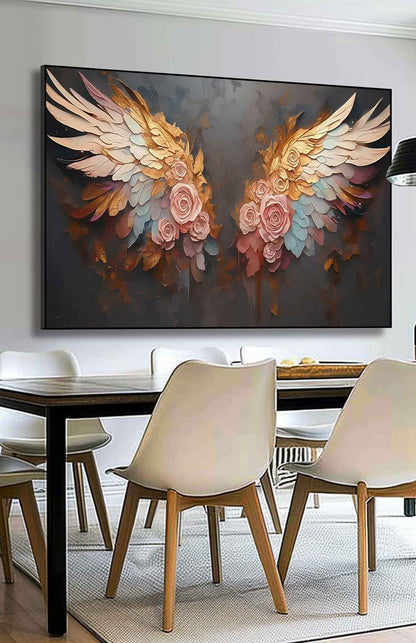 Elegant Floral Wings Oil Painting - Vibrant Pink Roses on Dark Canvas