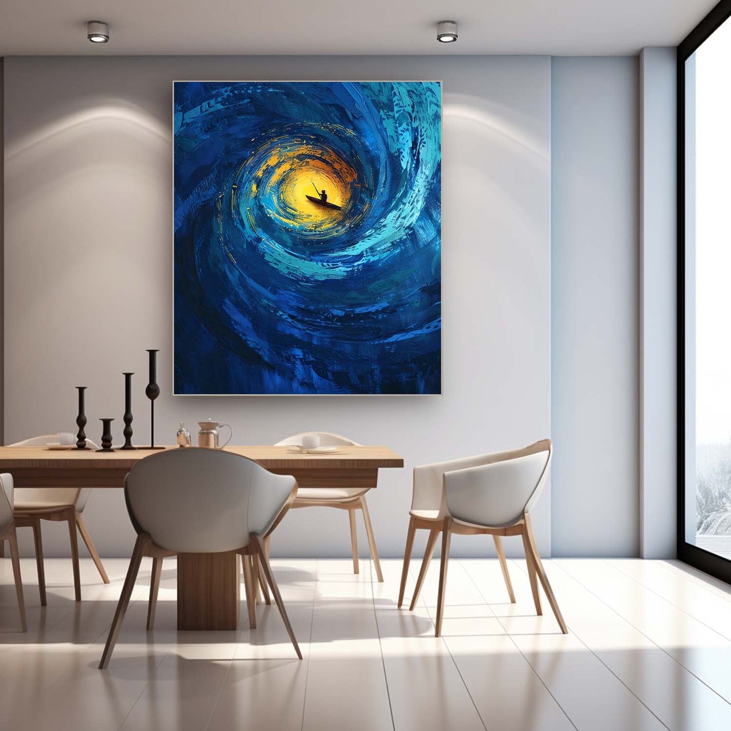 Serene Ocean Swirl: Vibrant Canvas Art of a Kayaker in Tranquil Waters