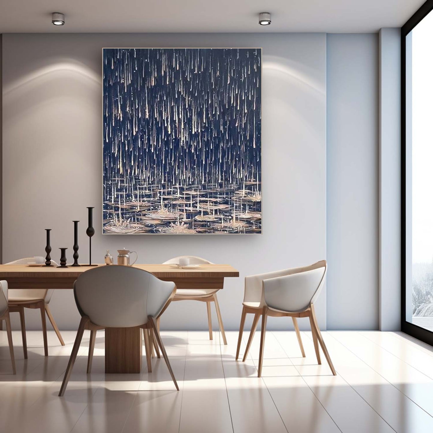 Modern Abstract Oil Painting with Water Lilies and Dark Melancholic Rain