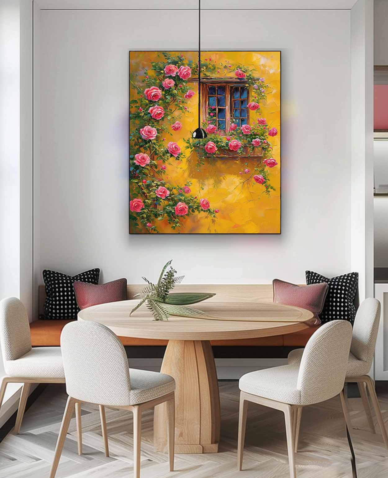 Vibrant Floral Window with Pink Roses and Yellow Wall Oil Painting