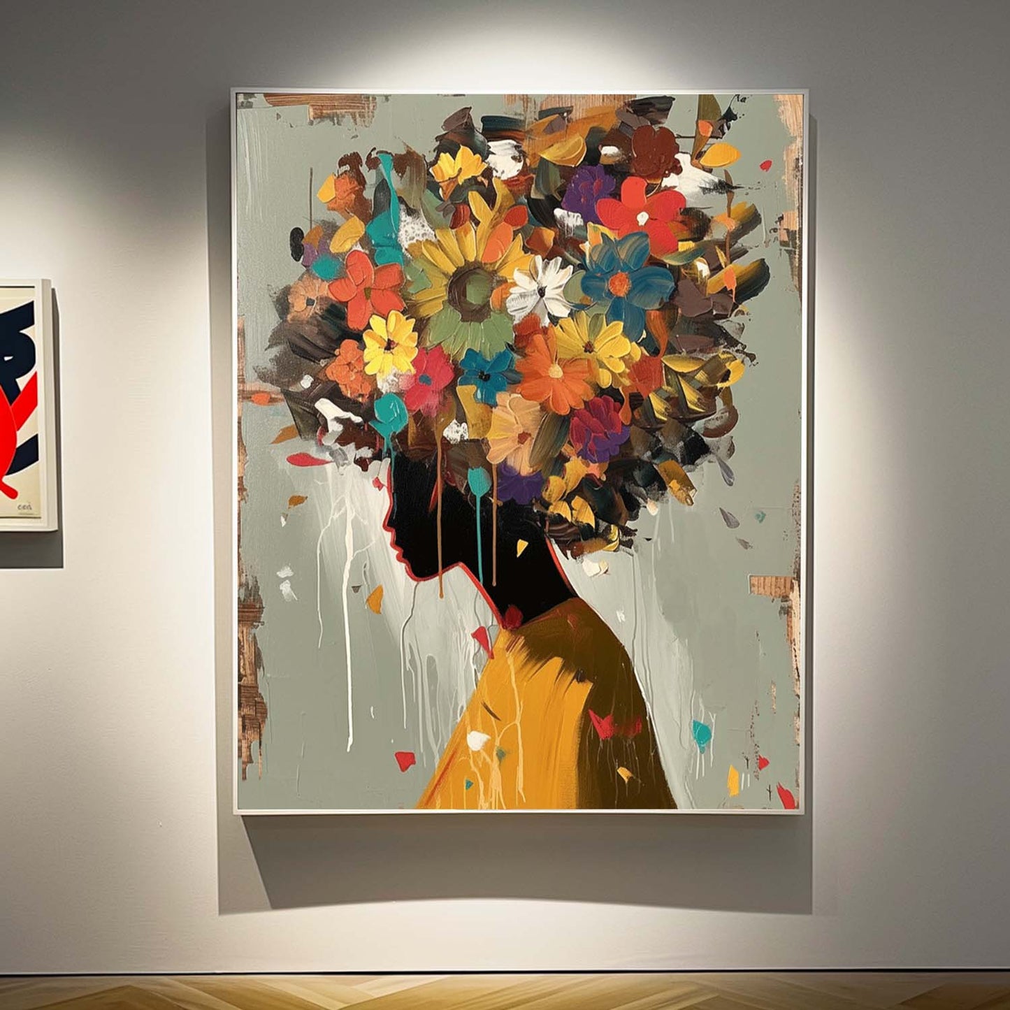 Vibrant Floral Woman Silhouette Oil Painting for Home Decor
