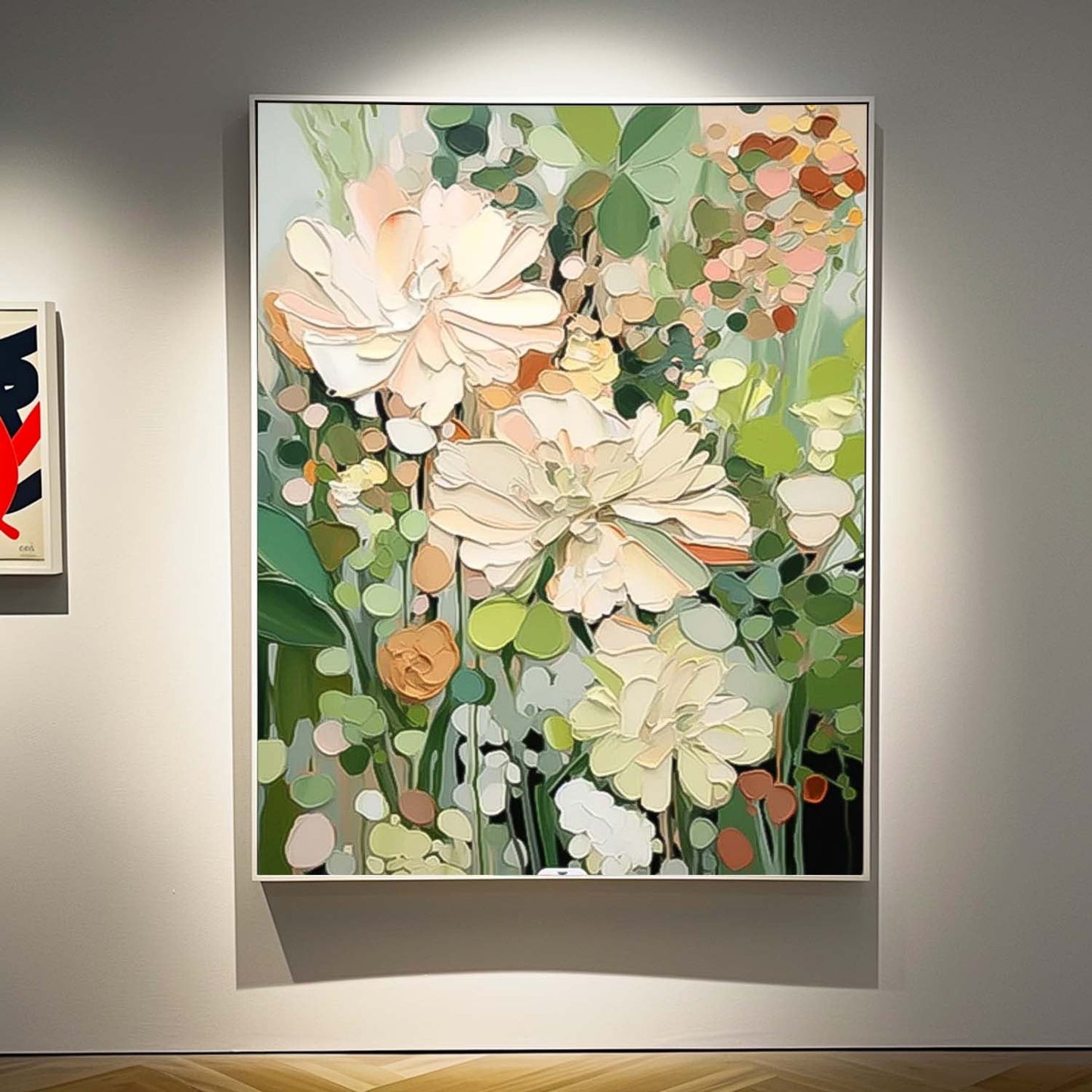 Vibrant Floral Oil Painting with Lush Pastel Blooms and Greenery