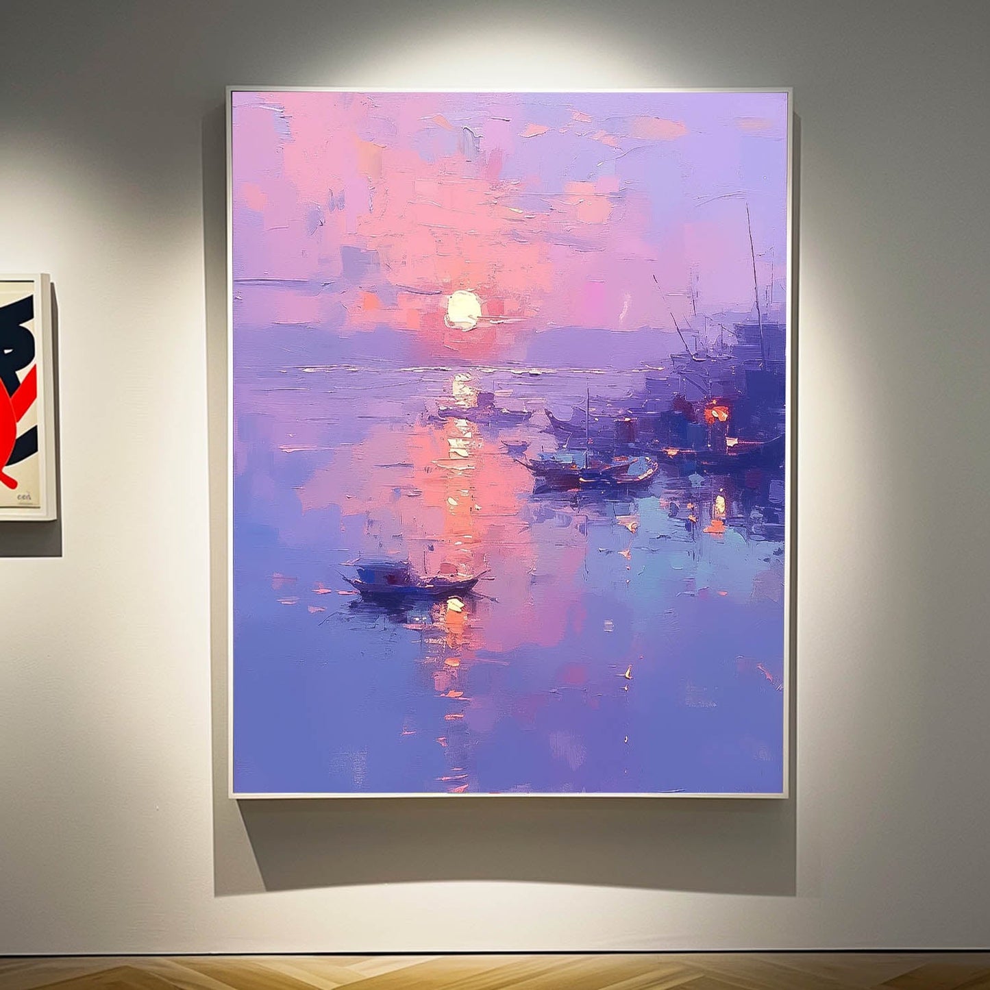 Serene Sunset Over Water: Vibrant Oil Painting of Boats and Reflections