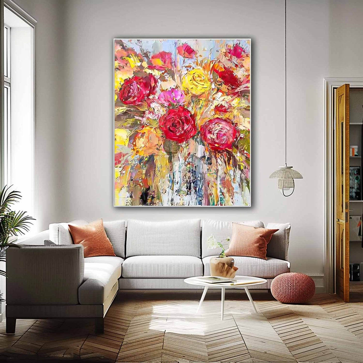 Vibrant Floral Oil Painting with Roses and Bright Colors for Home Decor