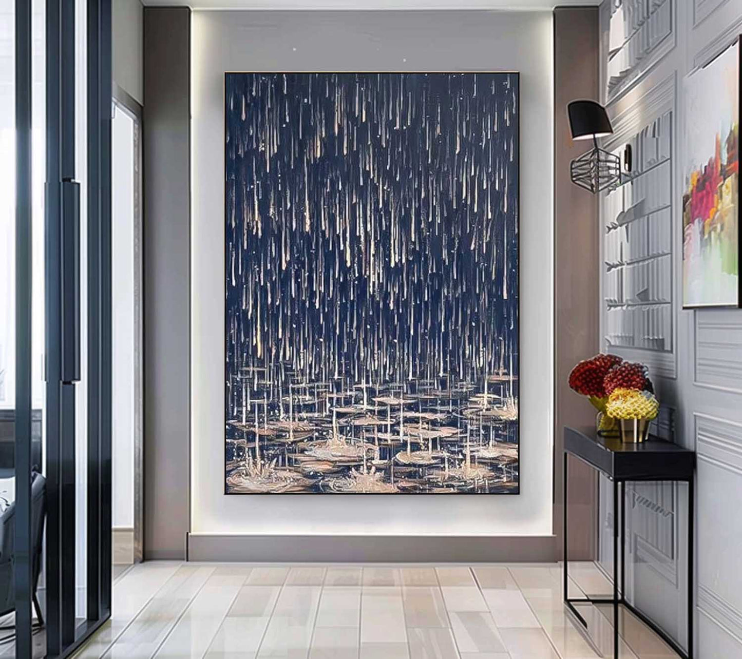 Modern Abstract Oil Painting with Water Lilies and Dark Melancholic Rain