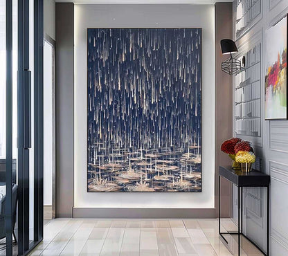Modern Abstract Oil Painting with Water Lilies and Dark Melancholic Rain