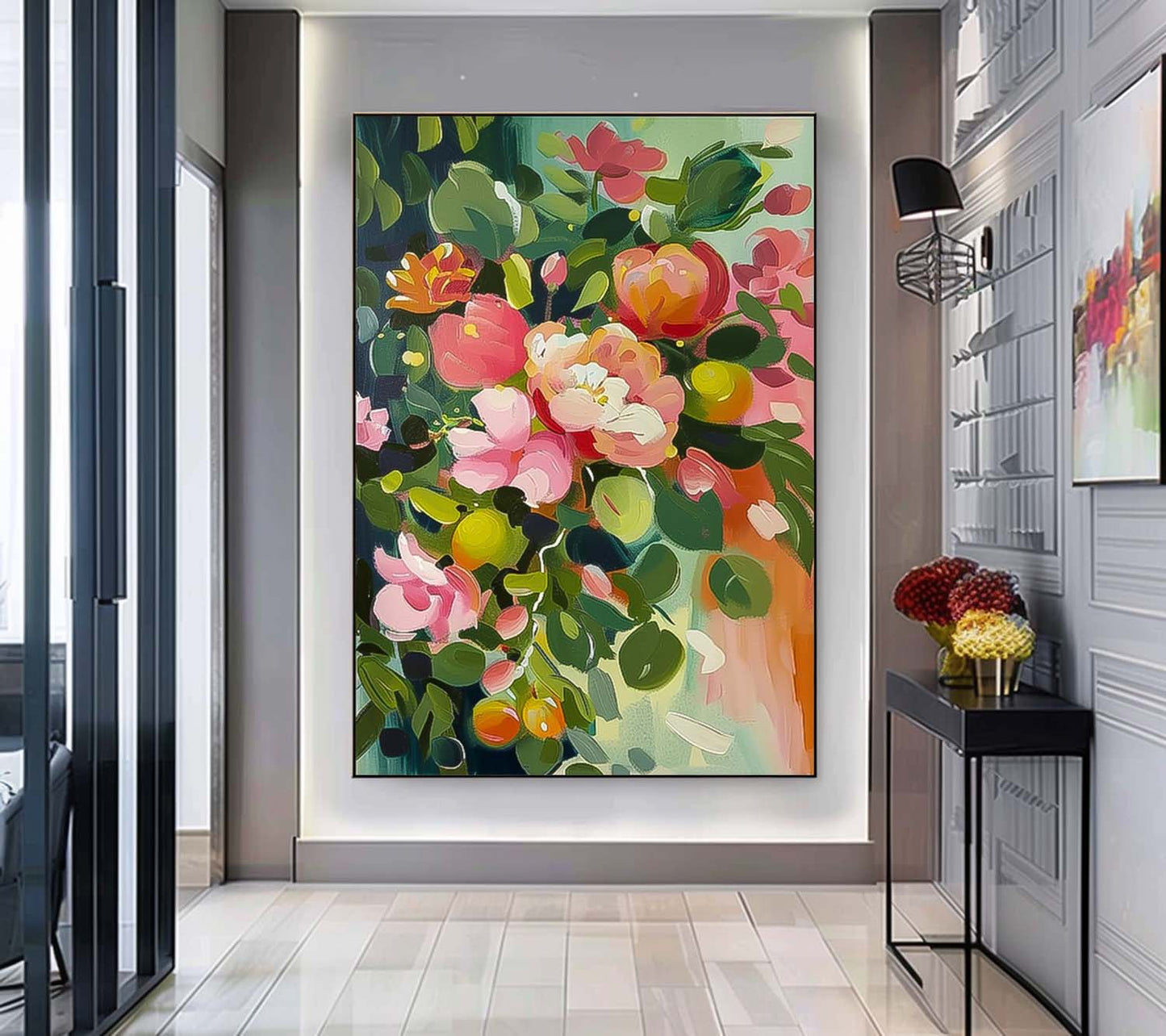 Vibrant Floral Oil Painting for Home Decor - Colorful Blossoms in Bloom
