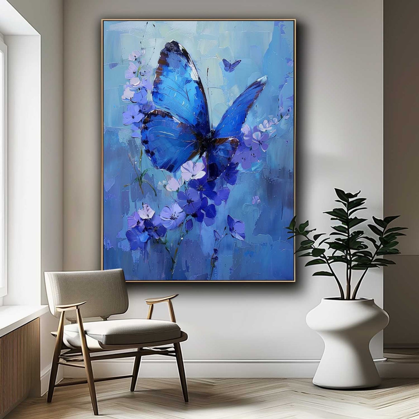 Stunning Blue Butterfly Oil Painting with Floral Accents for Elegant Home Decor