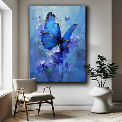 Stunning Blue Butterfly Oil Painting with Floral Accents for Elegant Home Decor