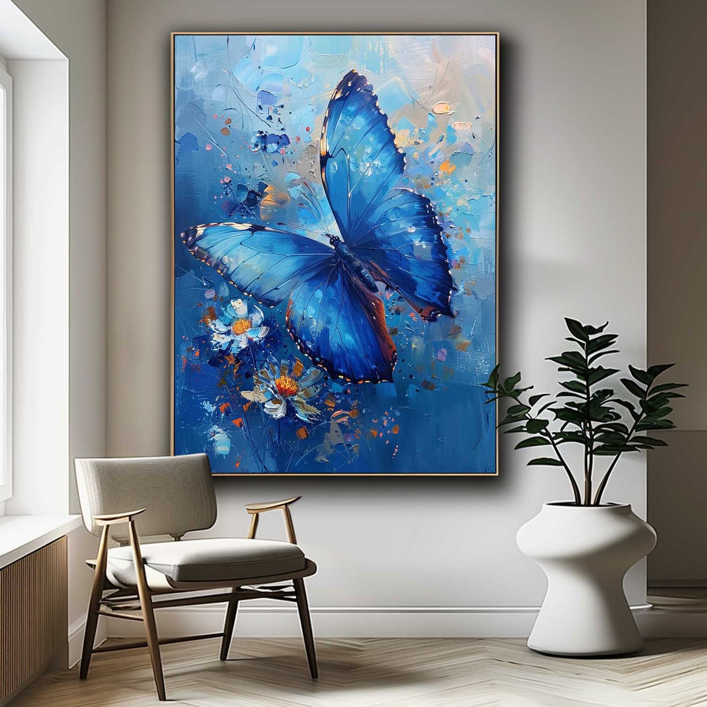 Vibrant Blue Butterfly Oil Painting with Floral Accents for Wall Décor