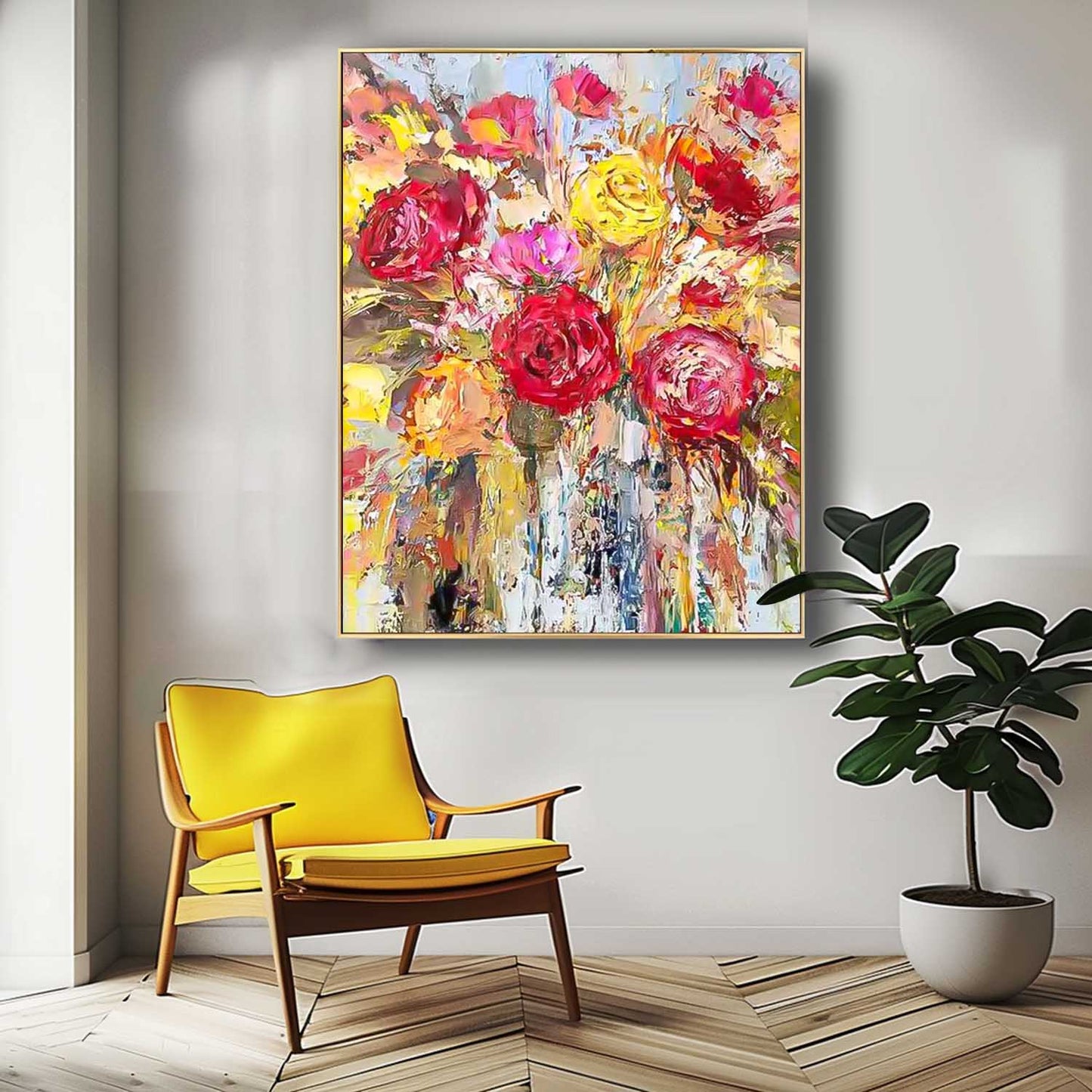 Vibrant Floral Oil Painting with Roses and Bright Colors for Home Decor