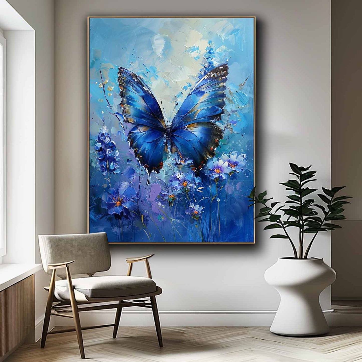 Vibrant Blue Butterfly Oil Painting on Canvas with Floral Accents
