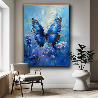 Vibrant Blue Butterfly Oil Painting on Canvas with Floral Accents
