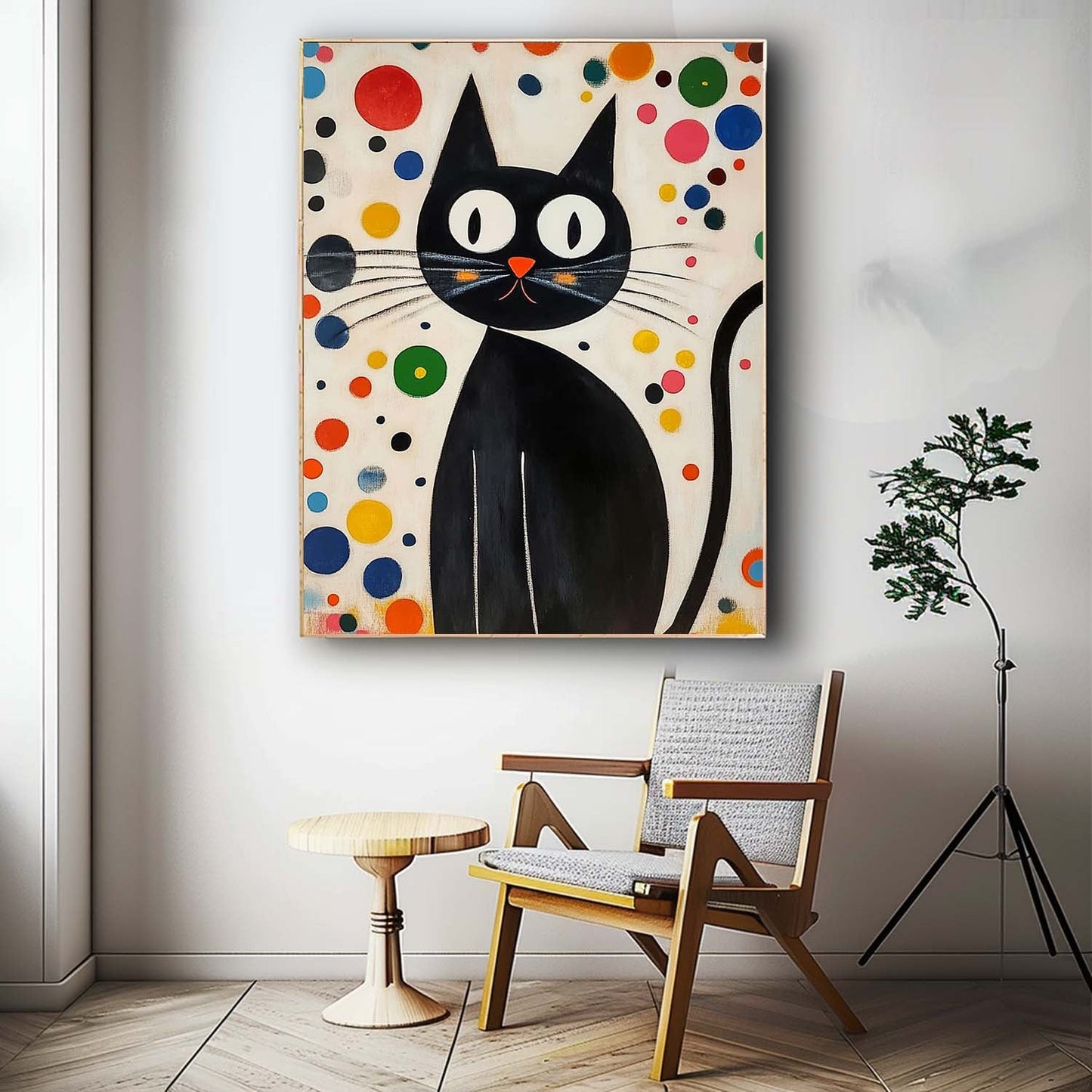 Whimsical Black Cat Oil Painting with Colorful Abstract Background