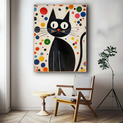 Whimsical Black Cat Oil Painting with Colorful Abstract Background