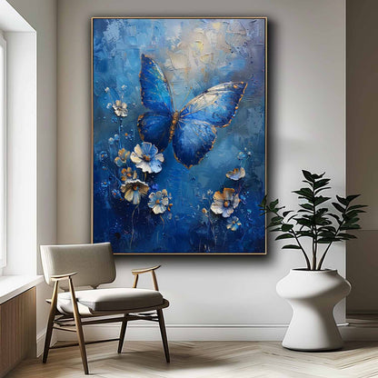Stunning Blue Butterfly Oil Painting with Floral Accents for Vibrant Home Decor