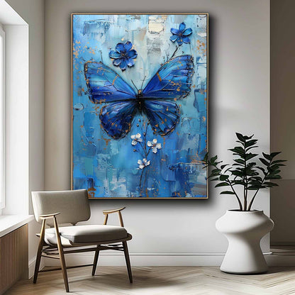 Beautiful Blue Butterfly Oil Painting with Floral Accents for Elegant Home Decor