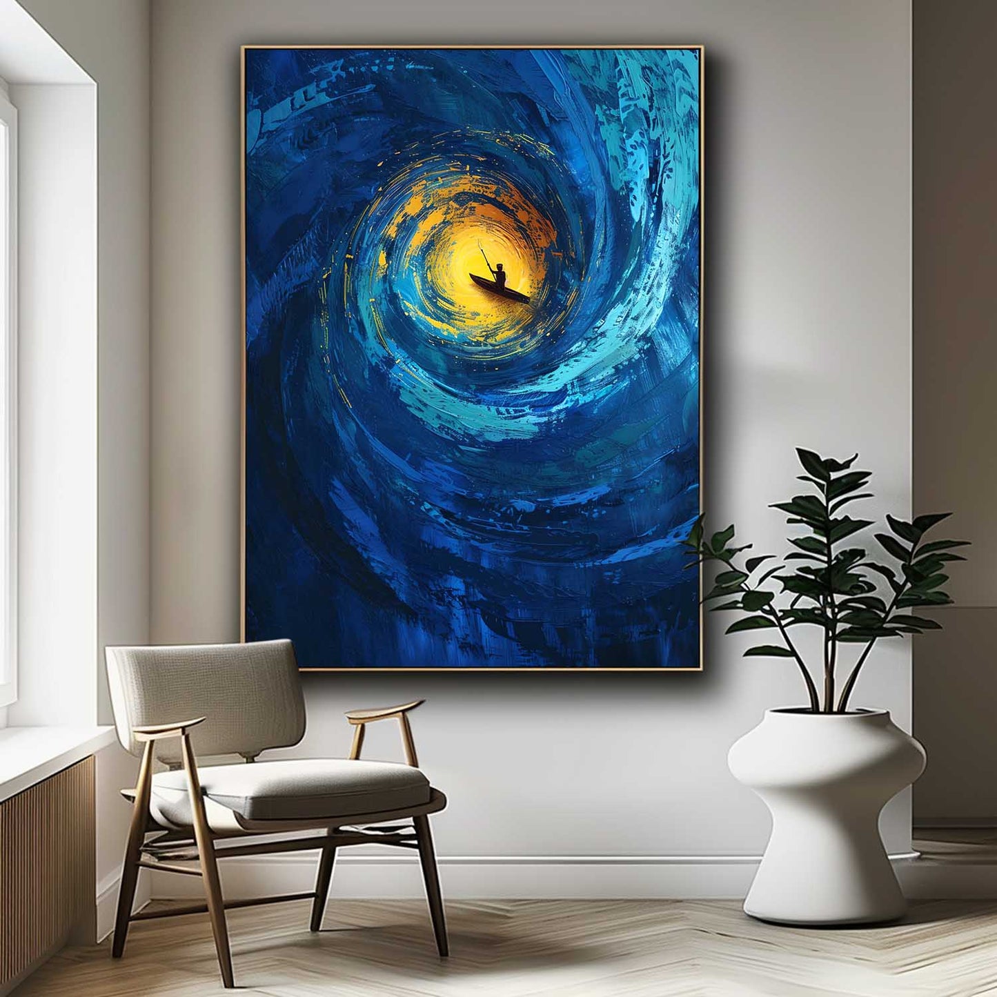 Serene Ocean Swirl: Vibrant Canvas Art of a Kayaker in Tranquil Waters