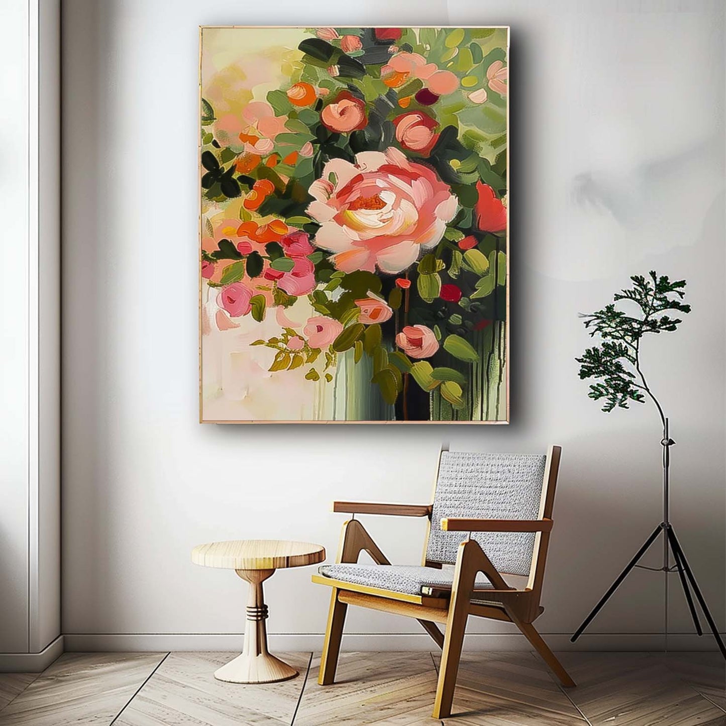 Vibrant Floral Oil Painting with Pink Roses and Lush Greenery for Home Decor