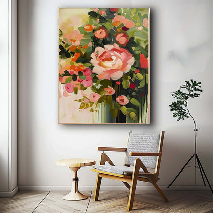 Vibrant Floral Oil Painting with Pink Roses and Lush Greenery for Home Decor